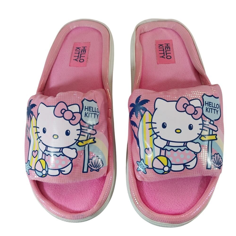 HELLO KITTY! PINK PADDED, KITTY AT THE BEACH GRAPHIC, DOTTED SLIPPERS! SZ L 8-10 - Picture 4 of 10